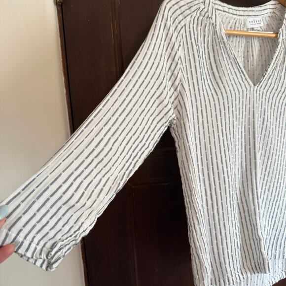 VELVET by Graham & Spencer | White Gauze Striped Split neck Boho Top | Small - Picture 2 of 7